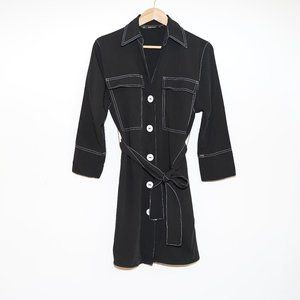 Zara Belted Shirt Dress Black Contrast Stitching L